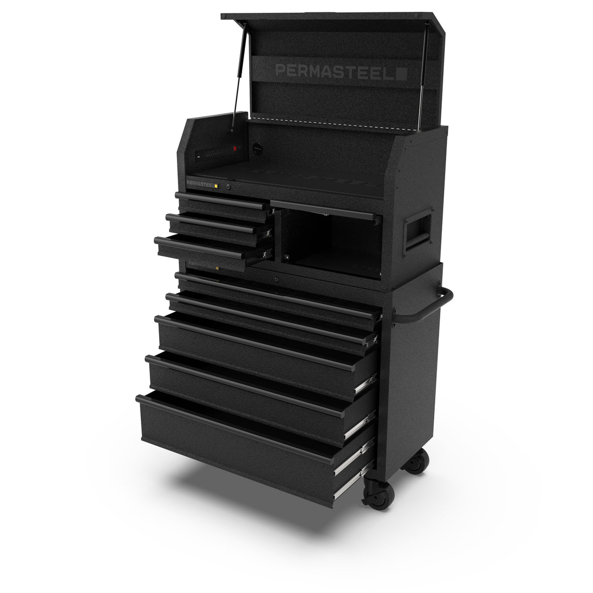 Permasteel 41-inch Heavy Duty Rolling Tool Chest Combo, black, with lid open and drawers extended