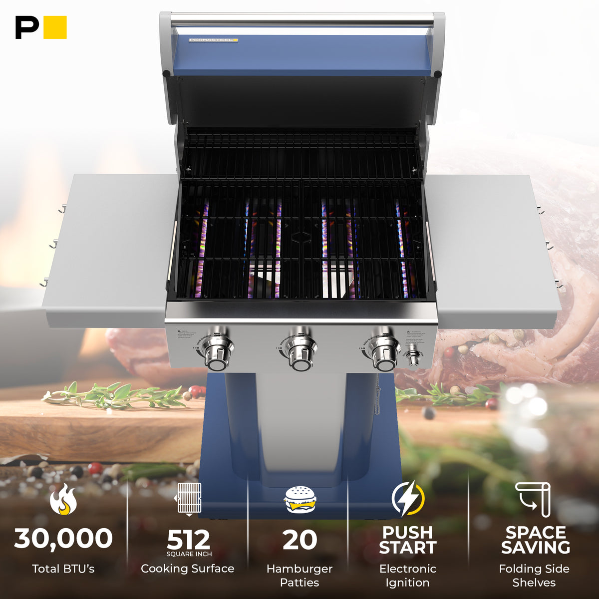 3-Burner Gas Grill with Foldable Side Shelves