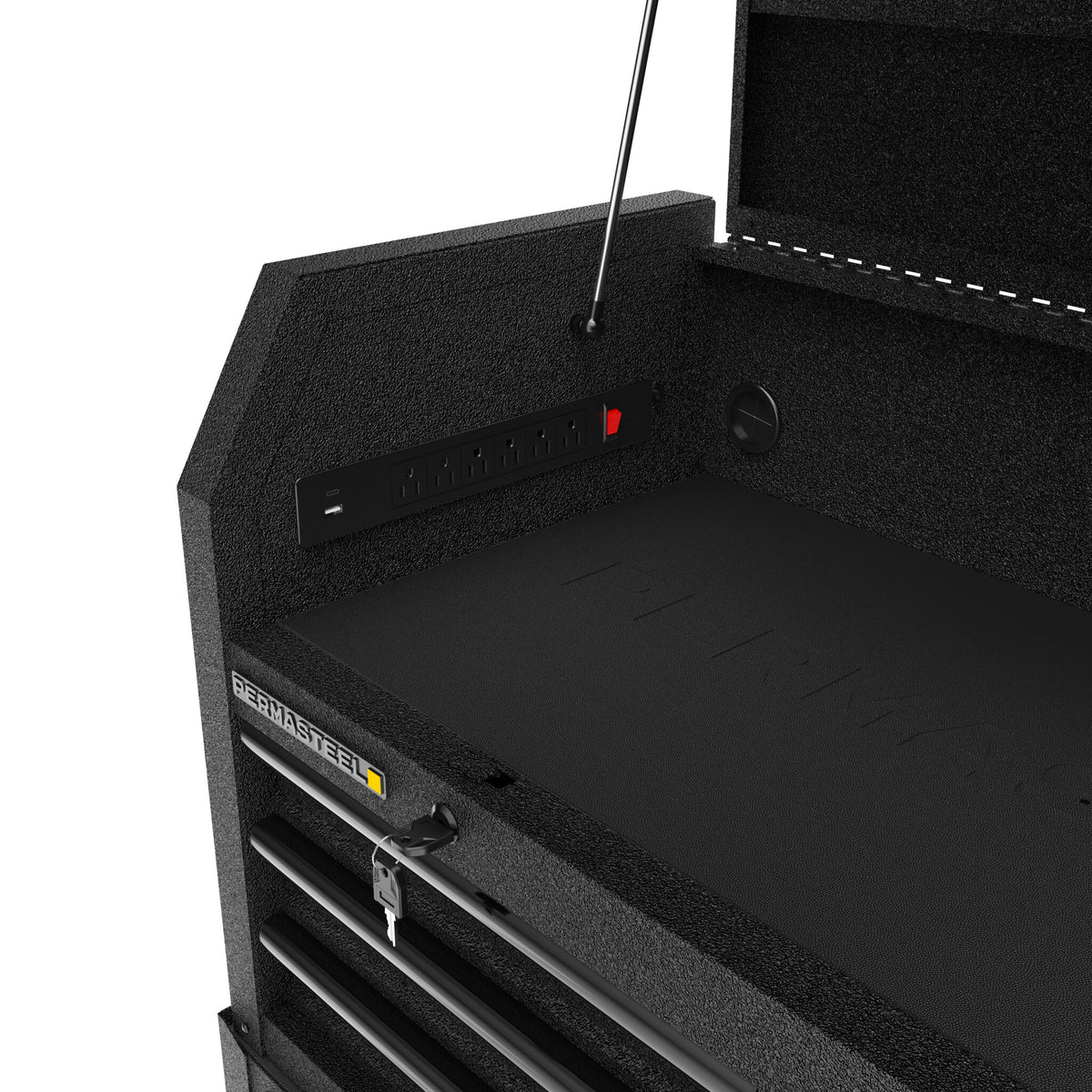 Integrated 6-outlet power strip with 2 USB ports inside the top tool chest