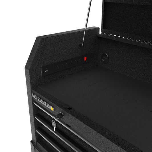 Integrated 6-outlet power strip with 2 USB ports inside the top tool chest