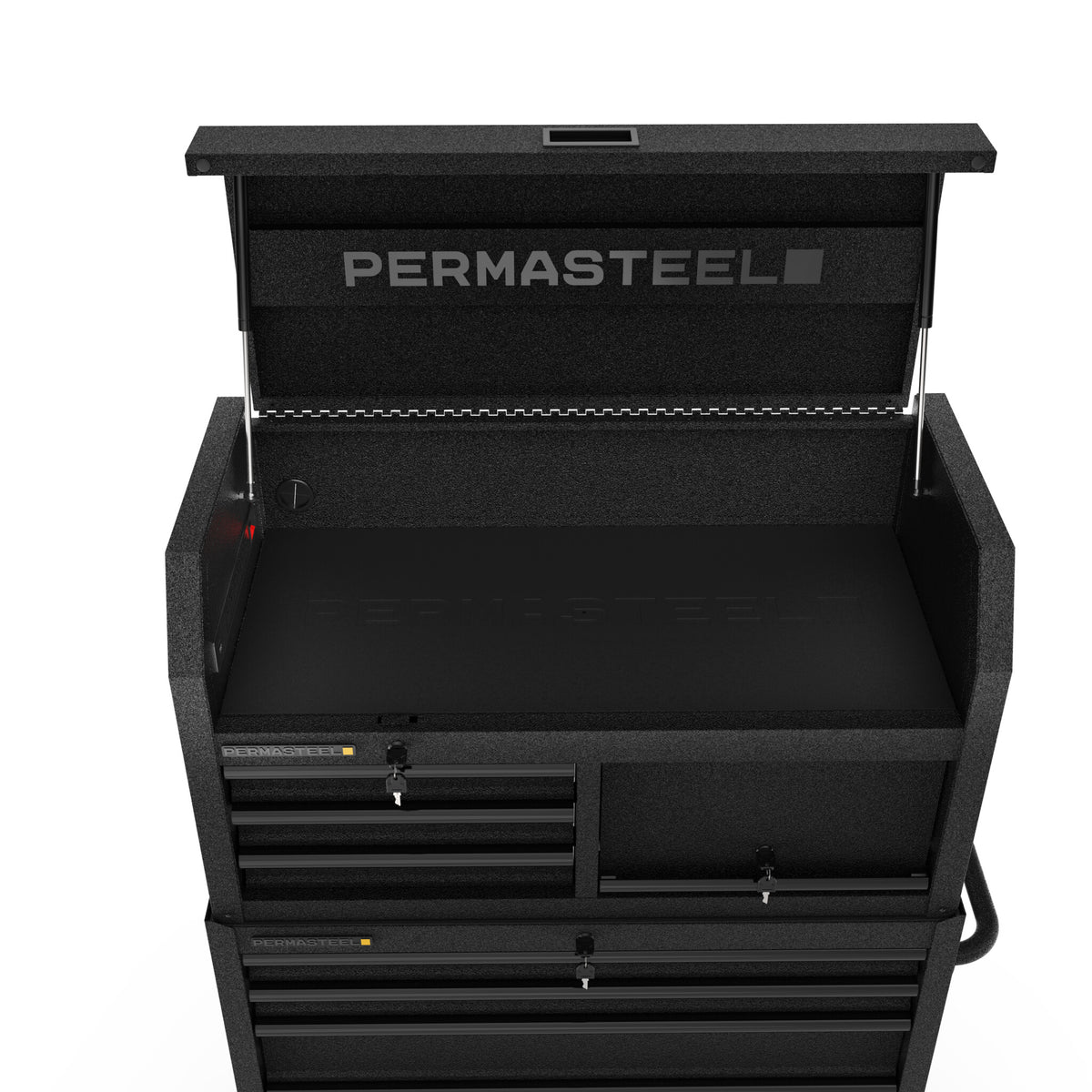 Top chest with lid open showing Permasteel branding and gas struts