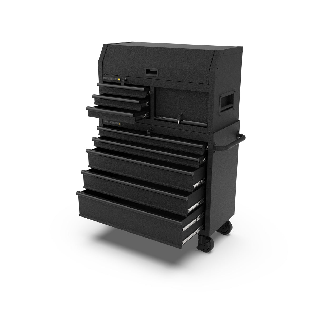 Full-extension drawers open on the tool chest and rolling cabinet