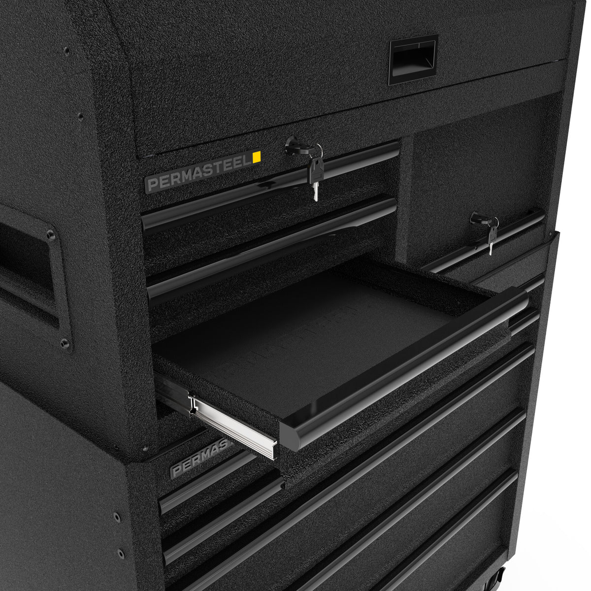 Keyed locking system and soft-close drawer slide detail