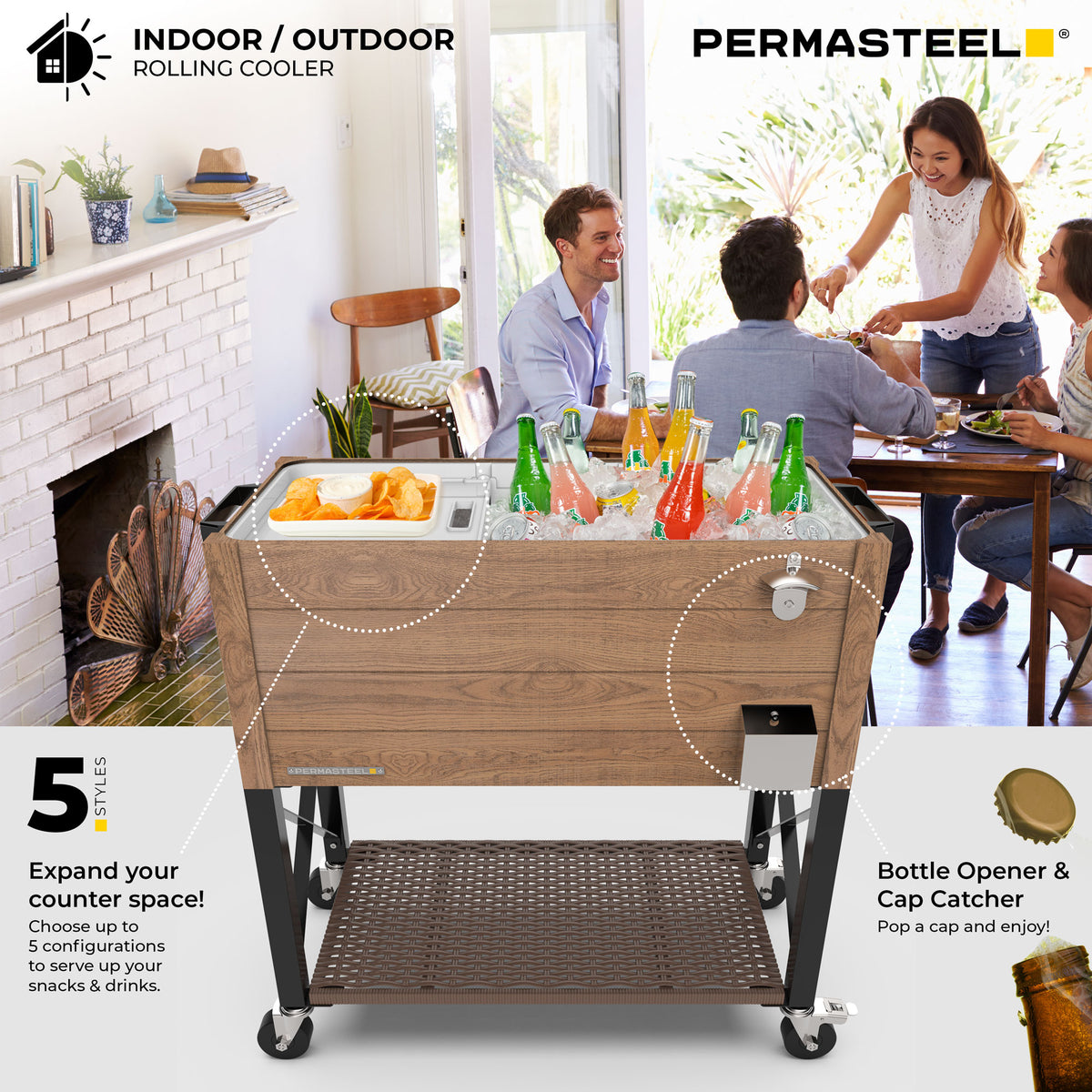 80-Quart Oak Wood Style Patio Cooler with Wicker Bottom Shelf and Divider