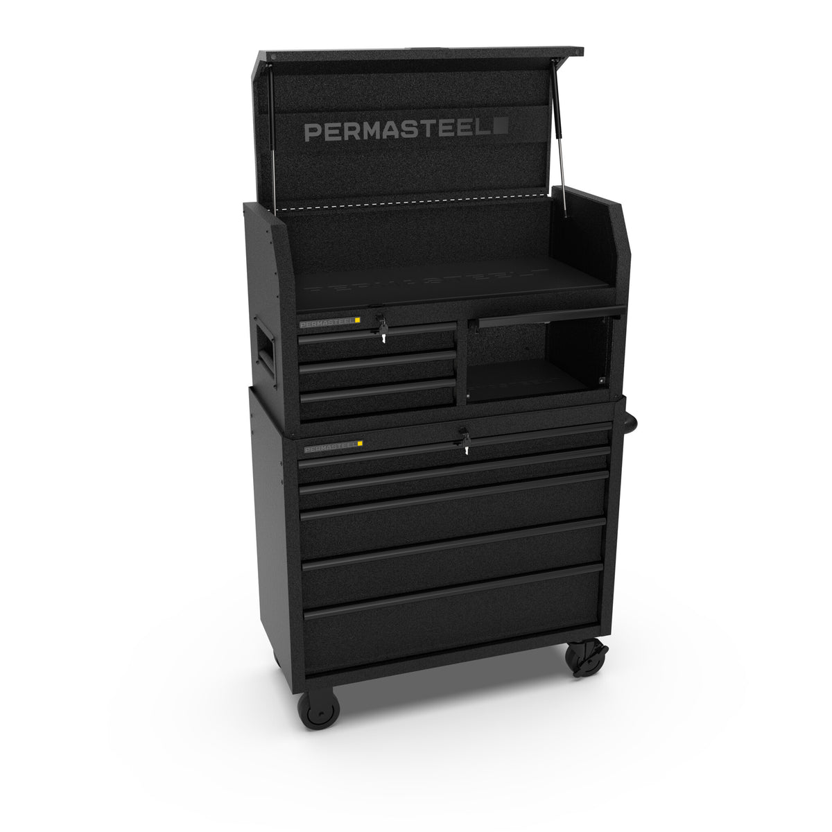 Front view with lid open showing top chest storage and shelf
