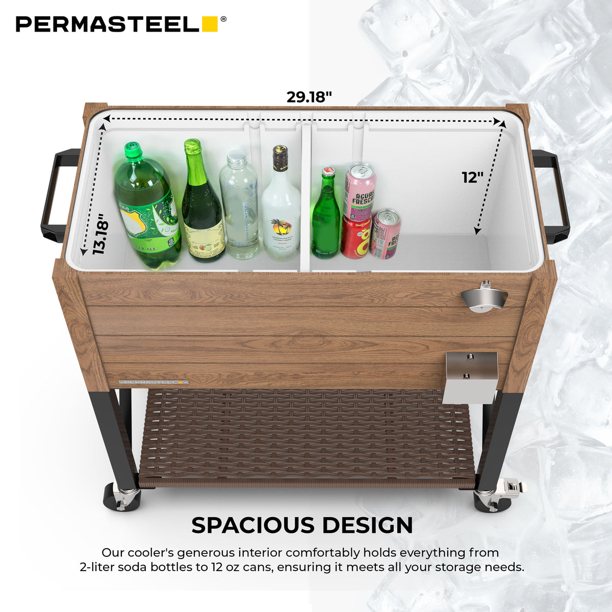 80-Quart Oak Wood Style Patio Cooler with Wicker Bottom Shelf and Divider
