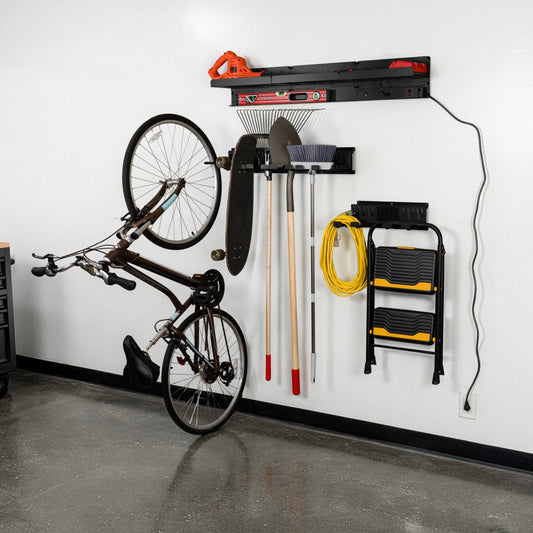 Permasteel 14-Piece Wall Storage System storing a bicycle, ladder, and yard tools