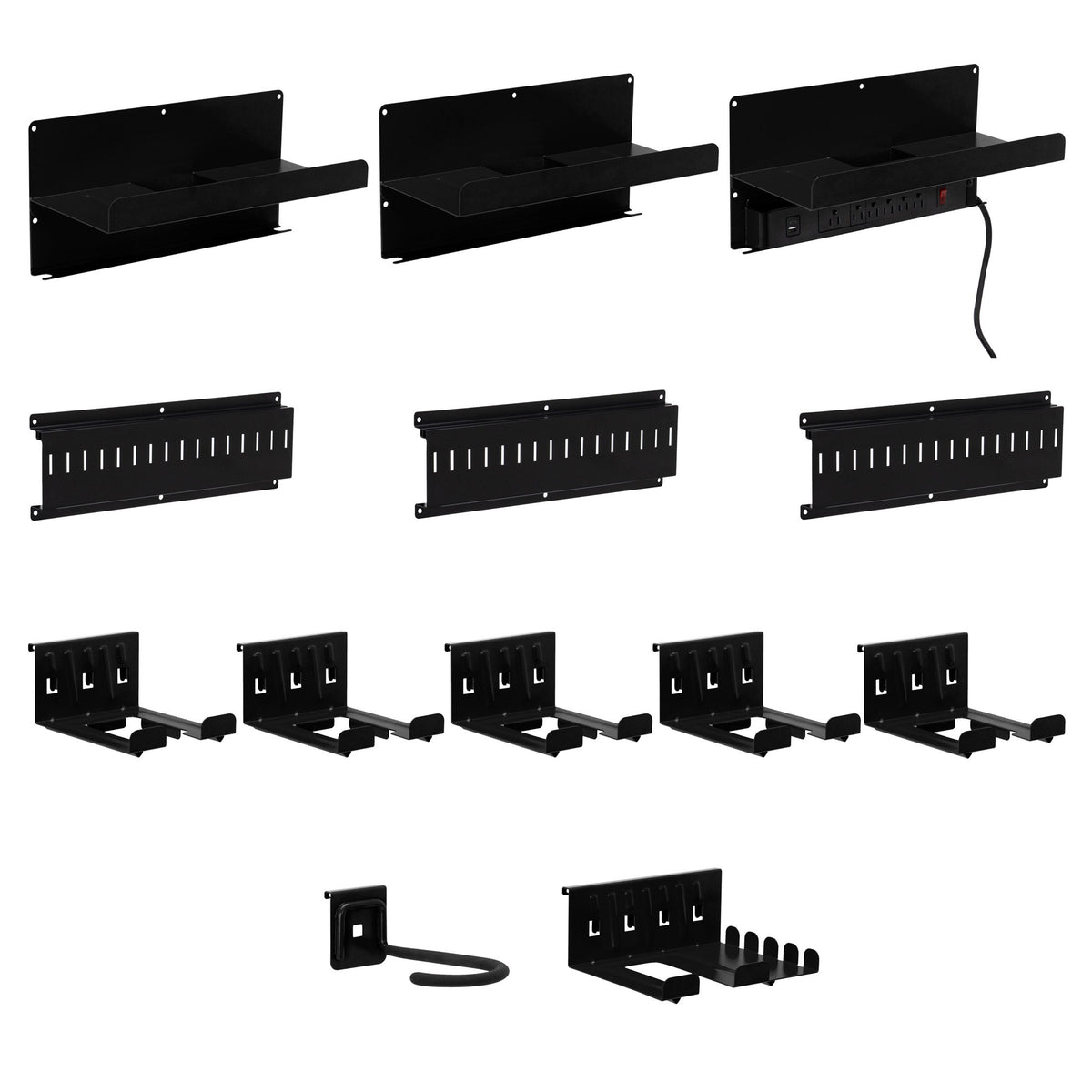 Fourteen black wall storage components included with the Permasteel system