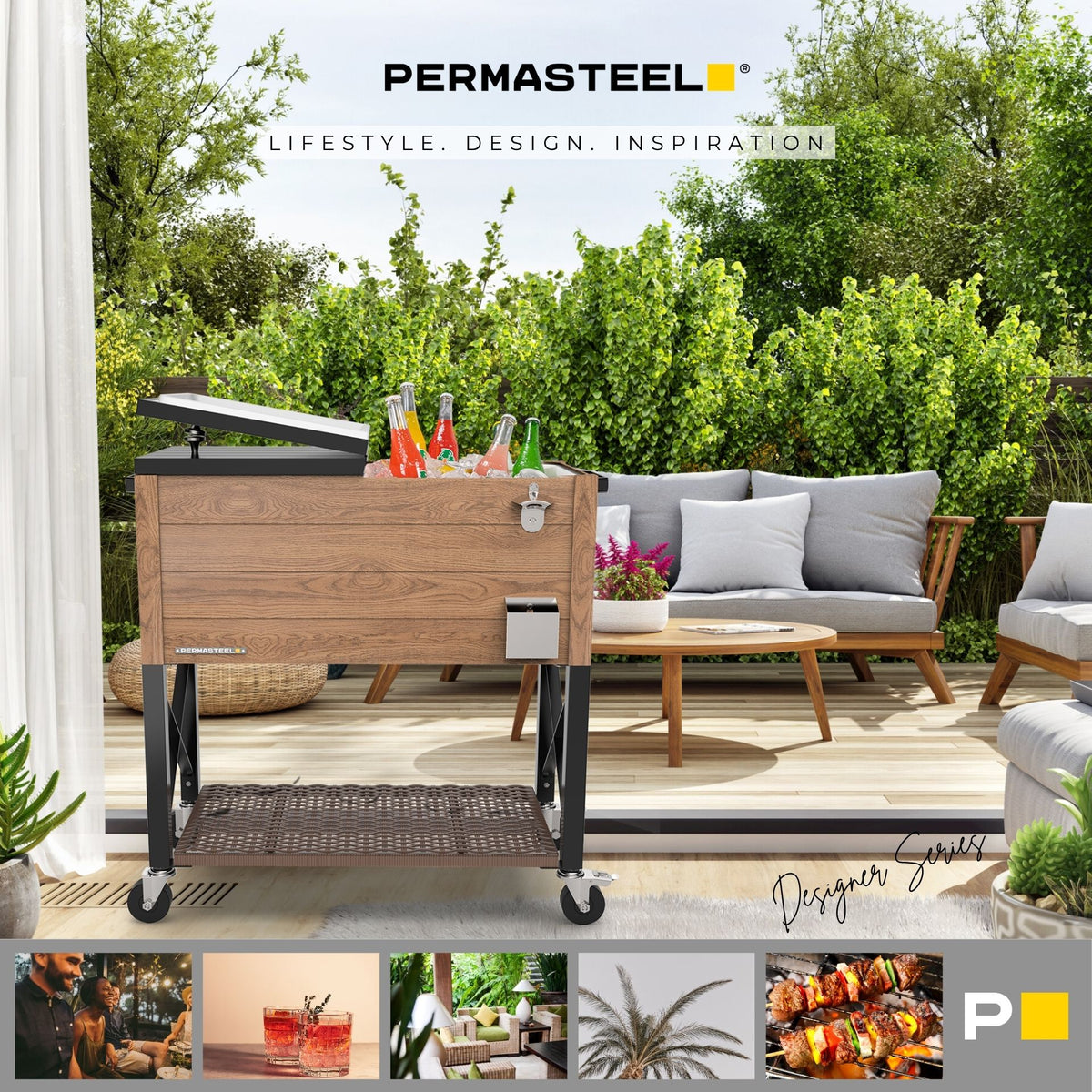 80-Quart Oak Wood Style Patio Cooler with Wicker Bottom Shelf and Divider