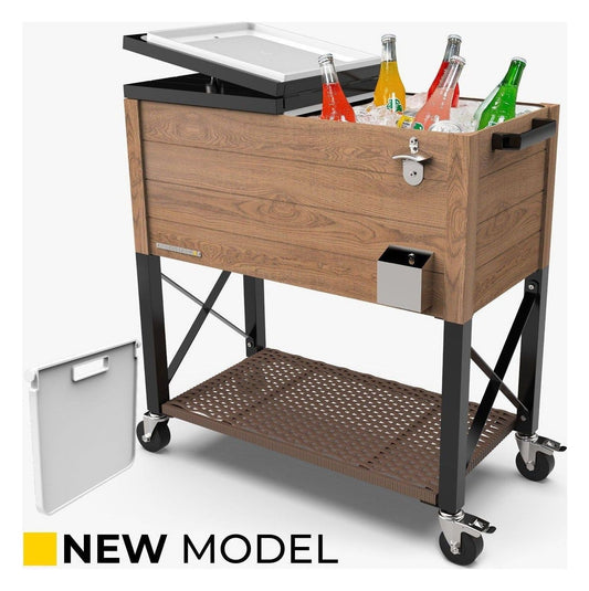 80-Quart Oak Wood Style Patio Cooler with Wicker Bottom Shelf and Divider