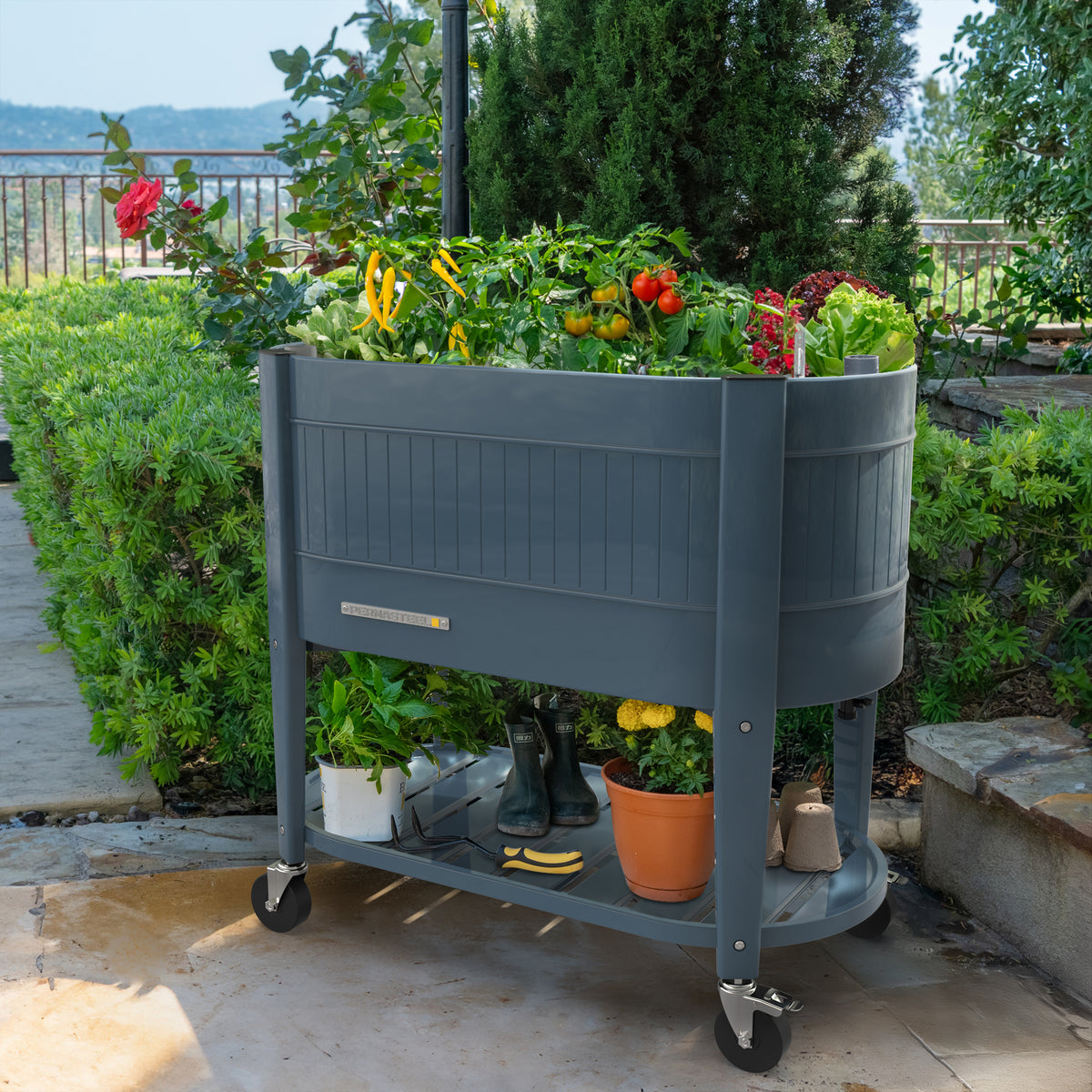 Blue wheeled elevated garden bed with vegetables above and pots and boots on the lower shelf