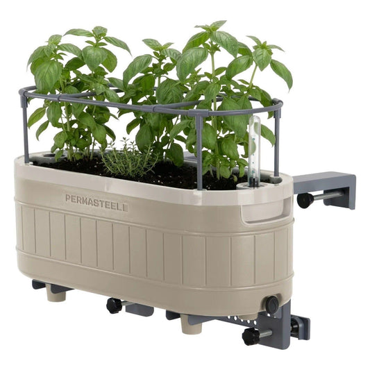 Herb Garden Planter with Trellis and Adjustable Bracket, Self-Watering System with Water Level Indicator, Taupe