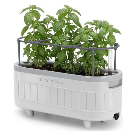 Herb Garden Planter with Trellis Support, Self-Watering System with Water Level Indicator, White