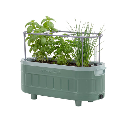 Green self-watering herb planter with basil, parsley and chives, trellis and water level indicator