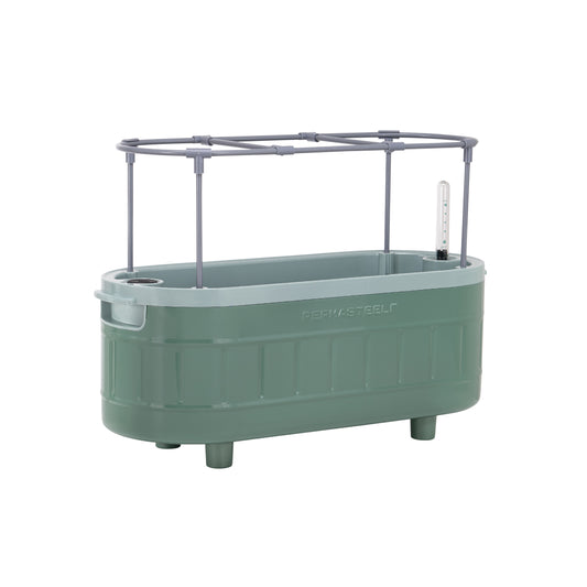 Empty green self-watering herb planter with trellis, water level indicator and side handle