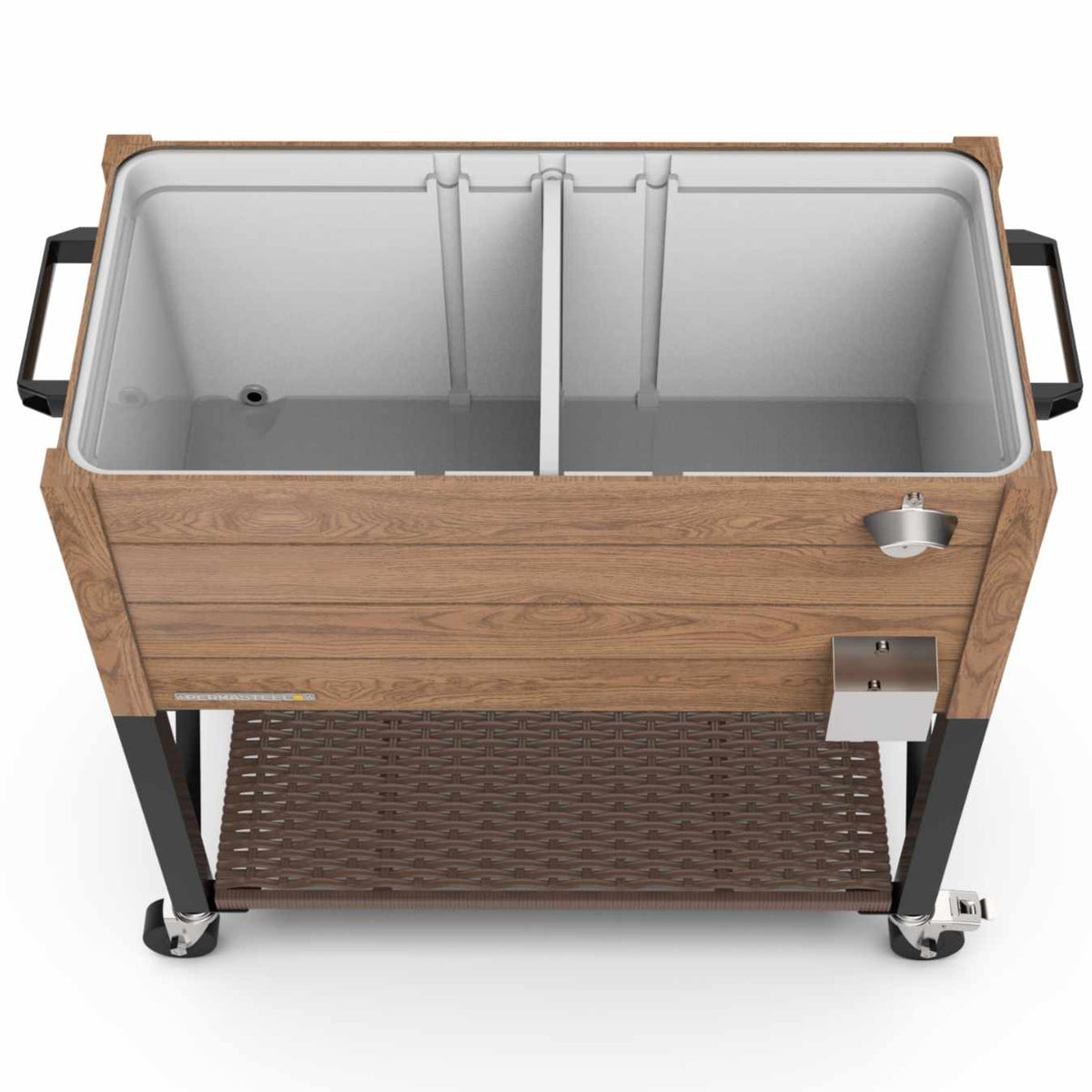 80-Quart Oak Wood Style Patio Cooler with Wicker Bottom Shelf and Divider