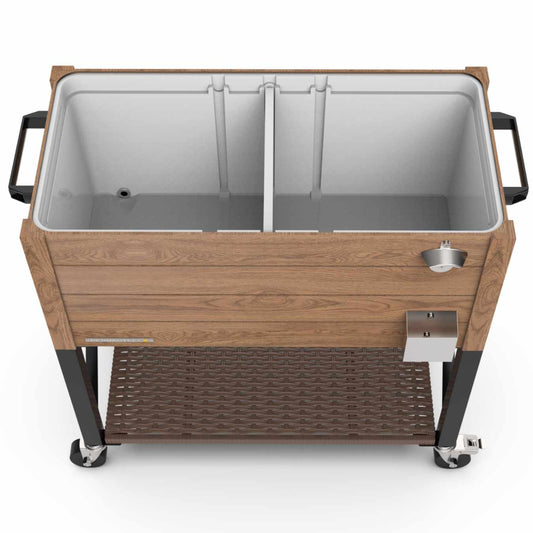 80-Quart Oak Wood Style Patio Cooler with Wicker Bottom Shelf and Divider