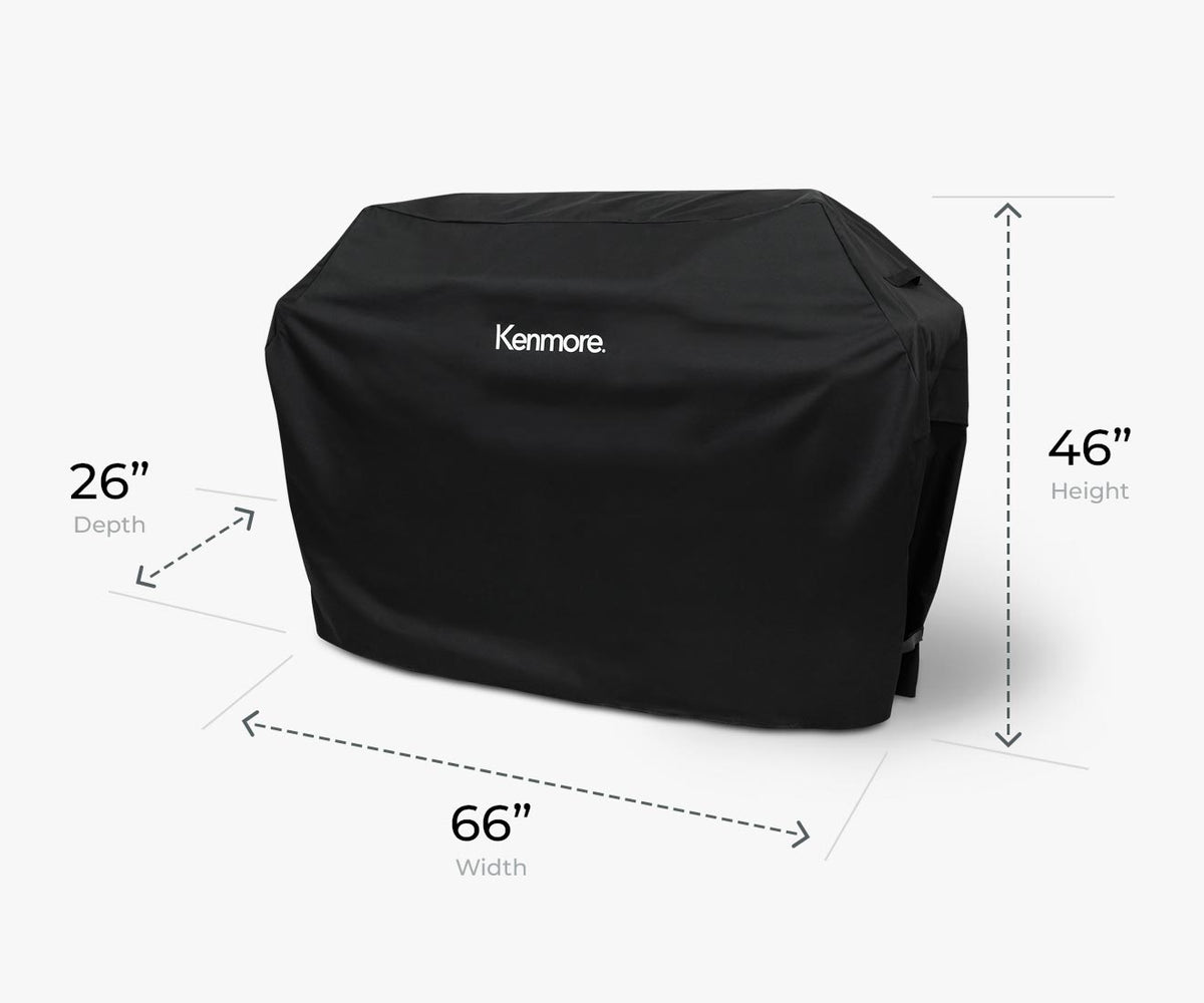 Kenmore 56-inch grill cover, black, size slide in inches: 66 inches wide, 26 inches deep, 46 inches tall