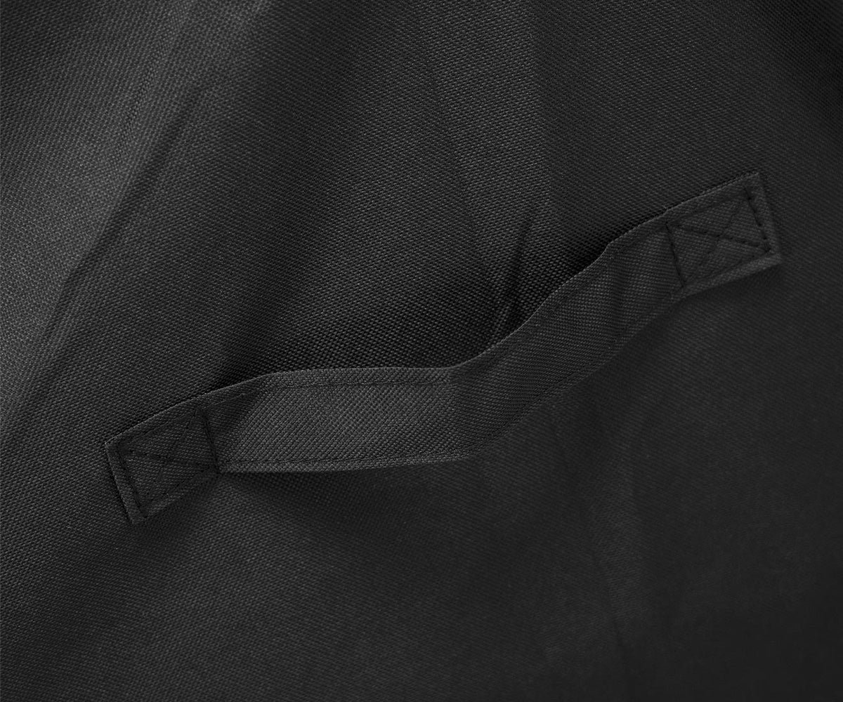 Kenmore 56-inch grill cover, black, close-up of the stitched fabric handle