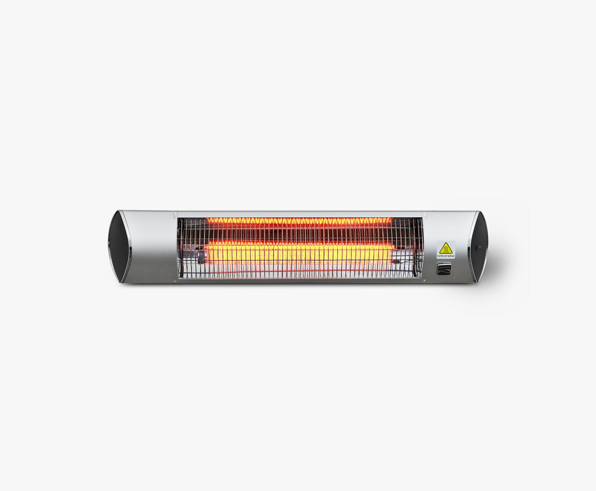 Kenmore wall-mounted electric heater, front view with the heating element glowing orange