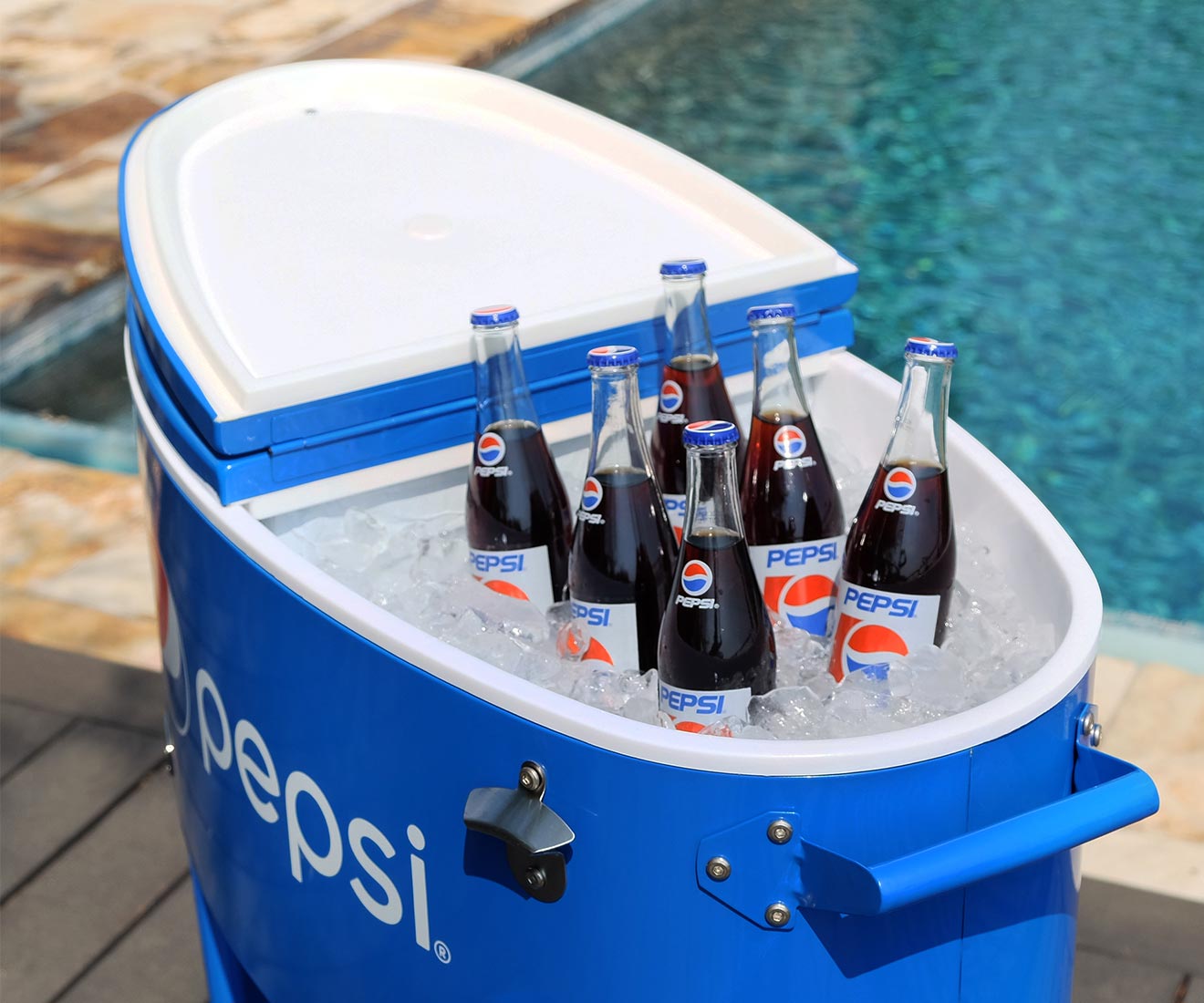 Permasteel Pepsi Branded Licensed Cooler with Ice Cold Pepsi Bottled Drinks Soda Pops Near Pool Setting
