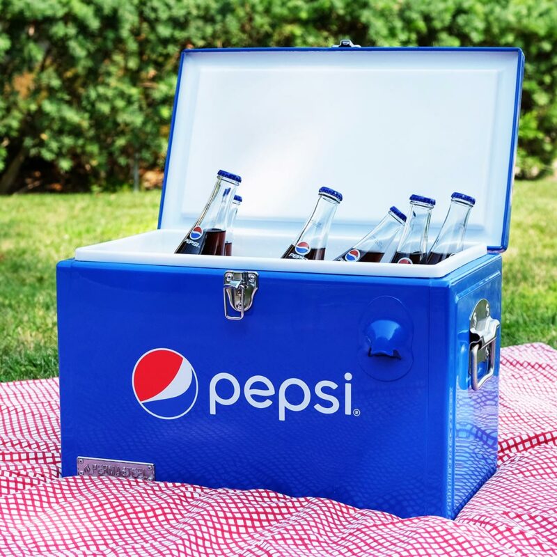 Permasteel Pepsi 21-Quart Portable Small Cooler Personal Ice Chest Blue Cooler in Picnic Lifestyle Setting
