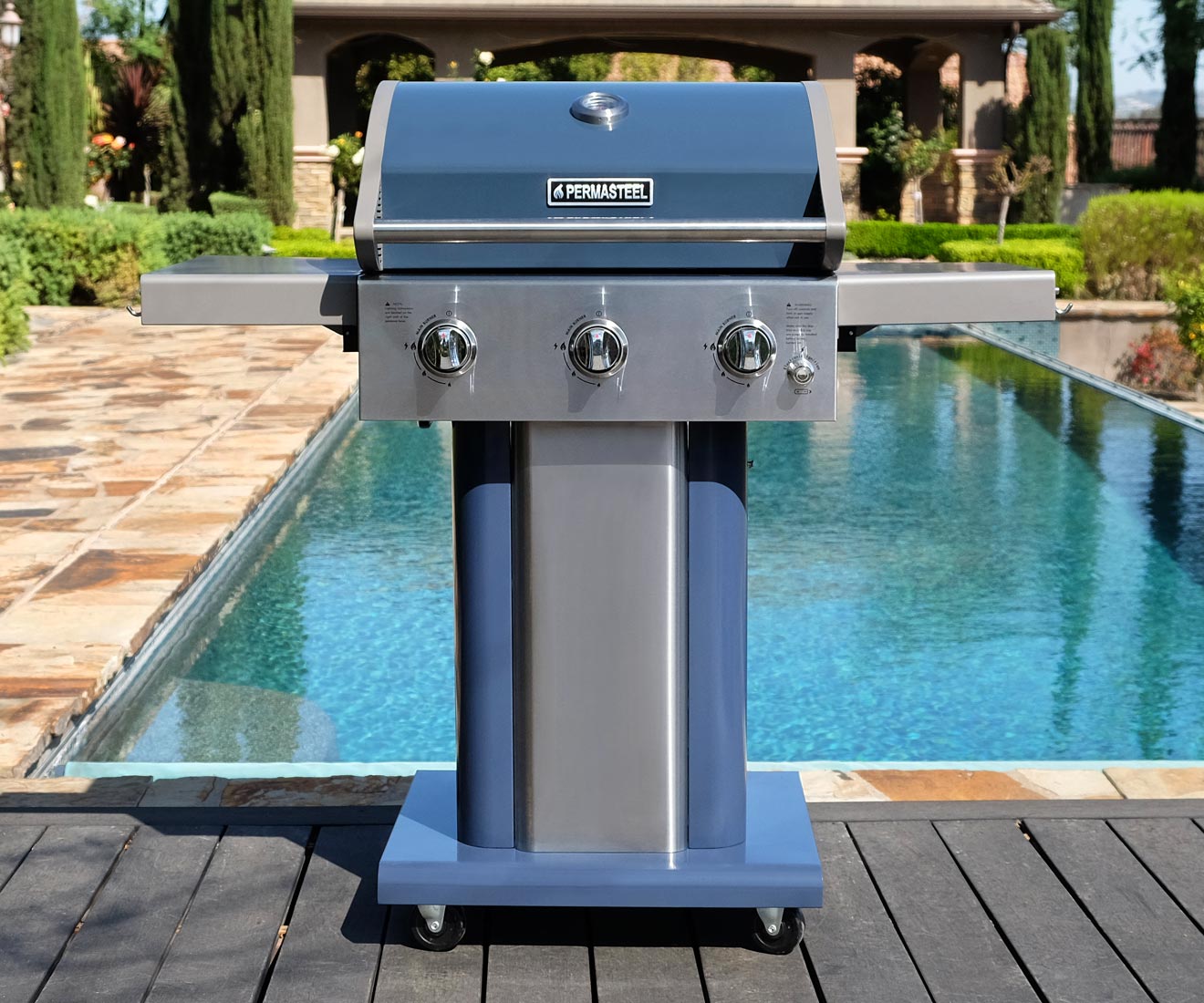 Permasteel 3-Burner Gas Grill PG-40301 in Azure for Outdoor Grilling BBQ Barbecue Barbeque in Lifestyle Photo Image Setting Environment Patio Backyard Deck Poolside Pool Swimming