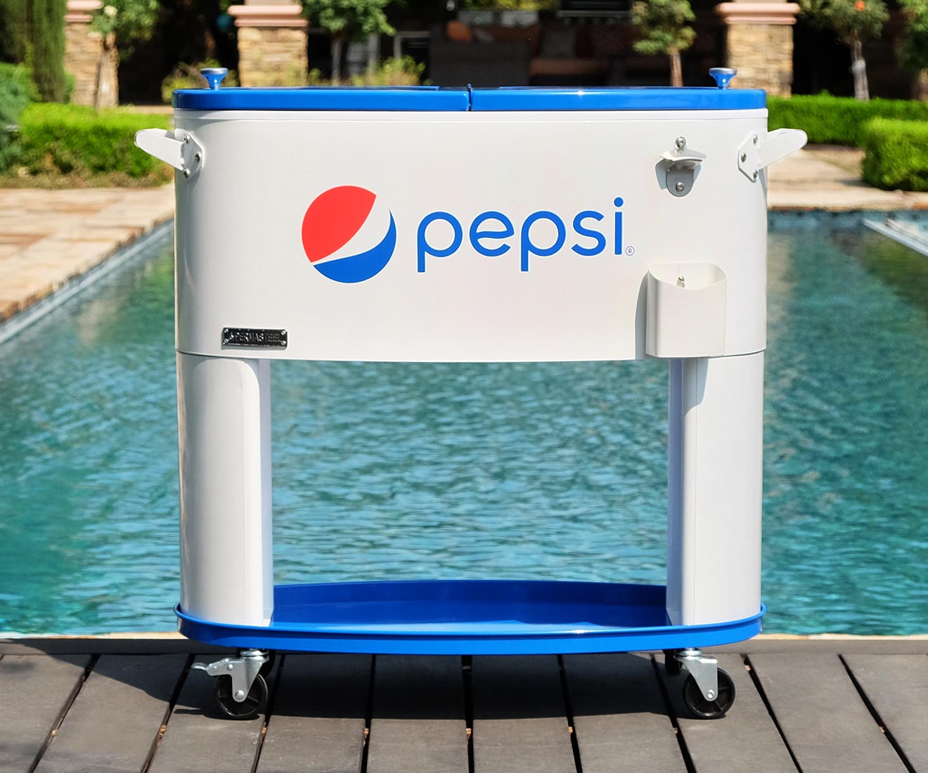 Pepsi Cooler 80 Quart Outdoor Patio Cooler Made by Permasteel Outdoor Patio Backyard Porch Deck Pool Poolside Setting Lifestyle