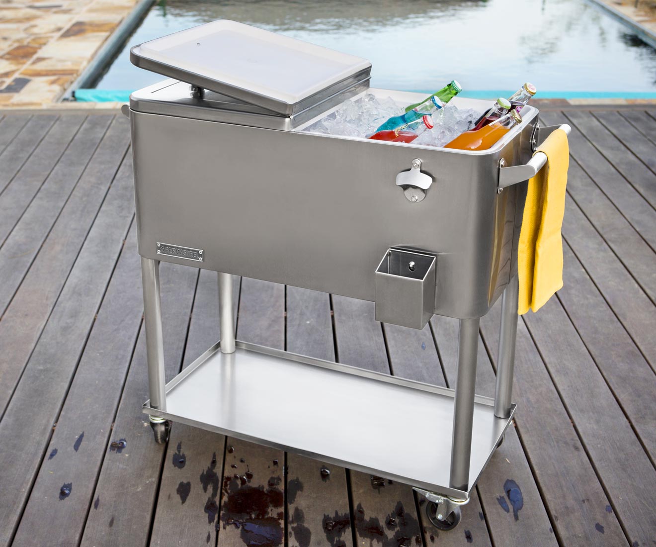 Permasteel 80 Qt Stainless Steel Patio Cooler ice cold refreshments soda beer bottles in beverage cart