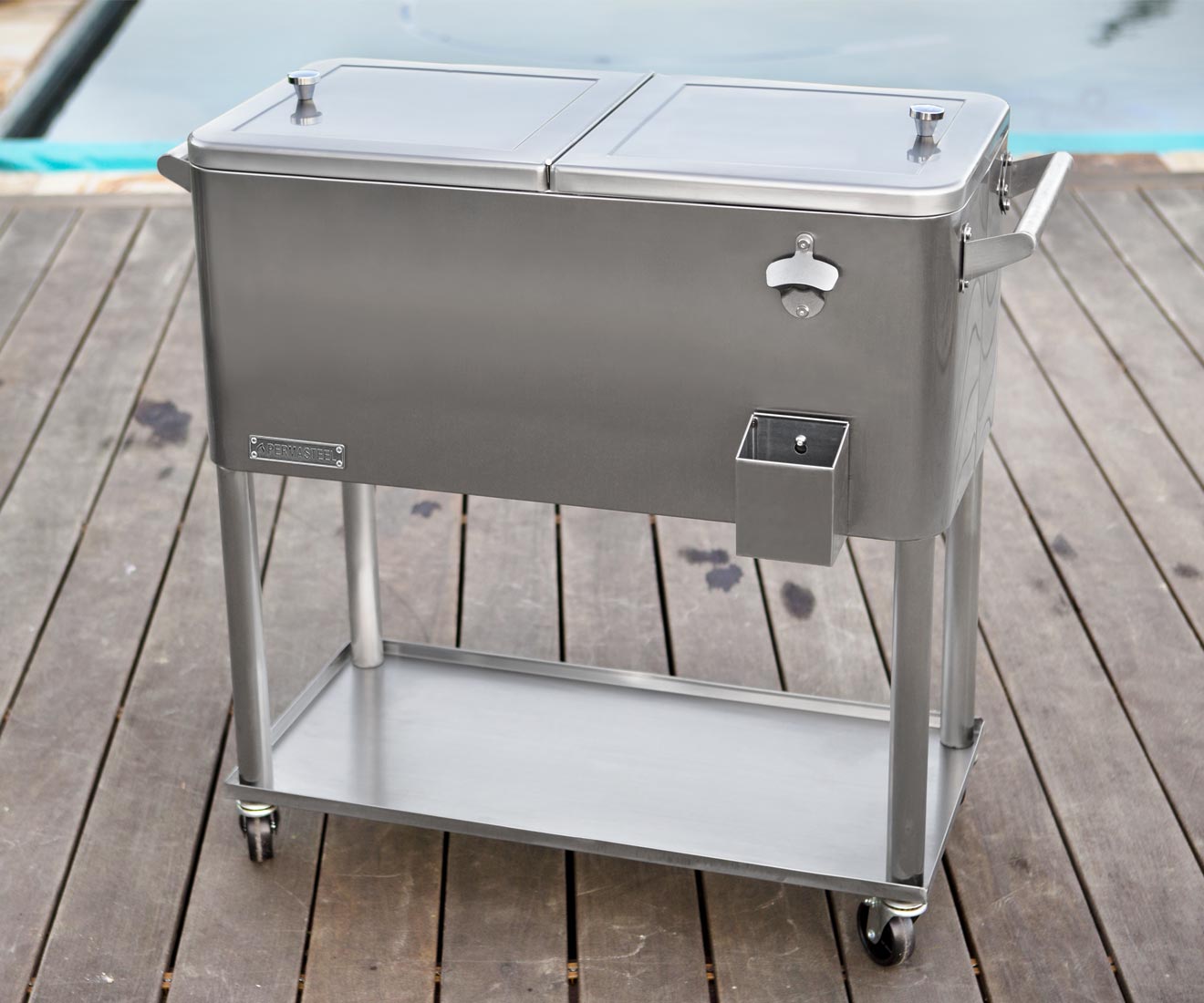 Permasteel 80 Qt Stainless Steel Patio Cooler in Outdoor Lifestyle Living Setting Environment