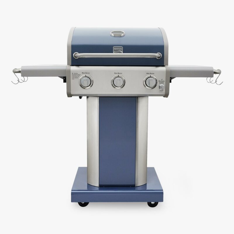 Permasteel 3-Burner Gas Grill for BBQ Barbecue Outdoor Patio Yard Backyard Deck Poolside Pool Host Entertainment Guest Compact Space Saving Small Grill Foldable Sides in Azure Blue