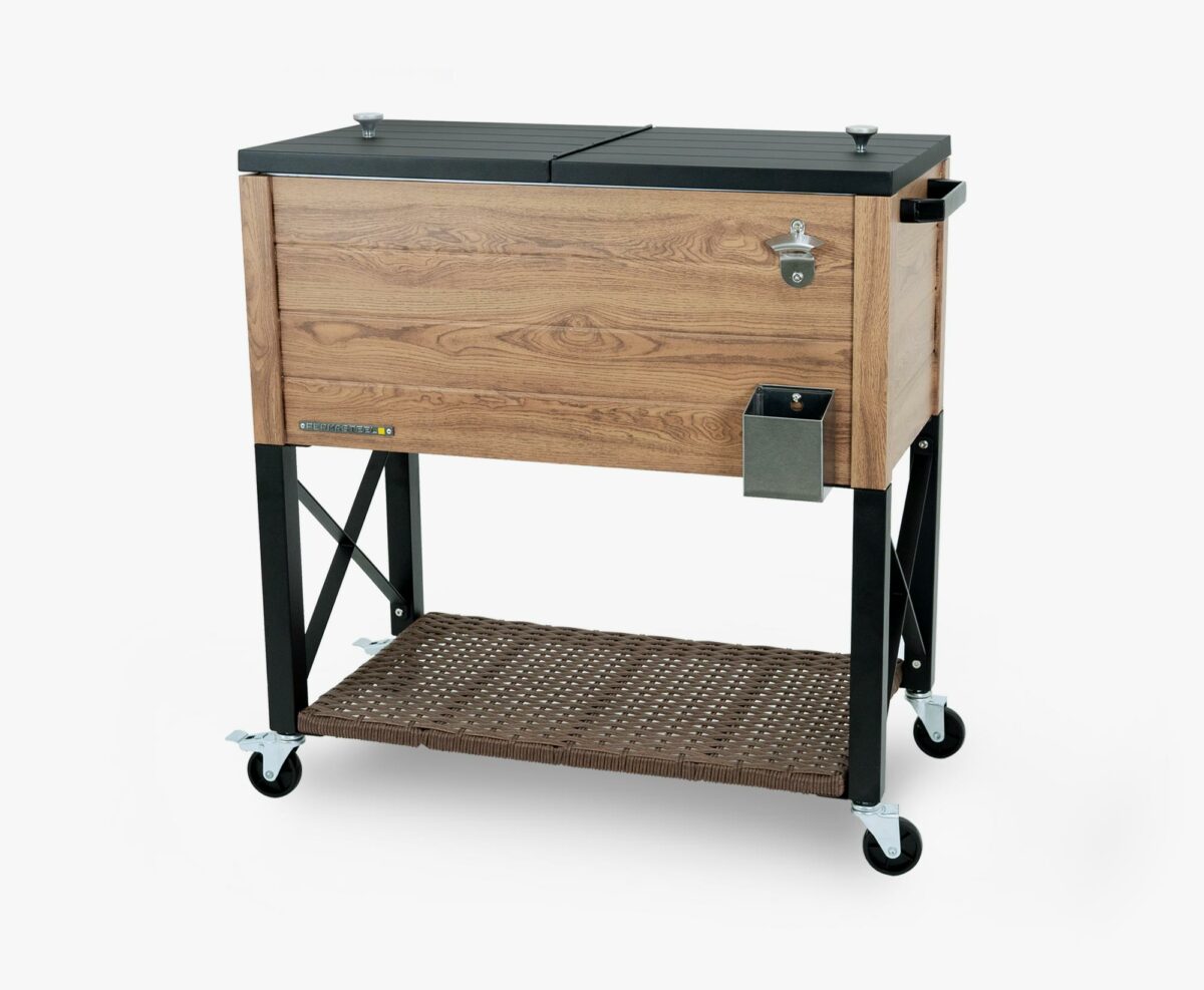 Permasteel 80-Quart Rustic Woodgrain Style Rolling Patio Cooler with Wicker Bottom Shelf Product Image 1