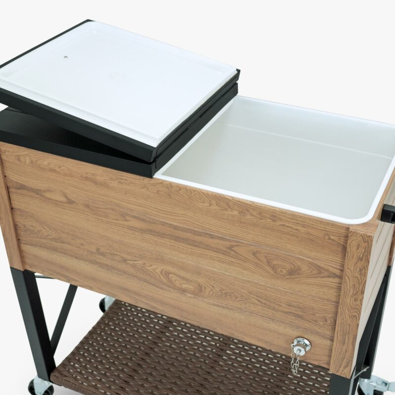 Permasteel 80-Quart Rustic Woodgrain Style Rolling Patio Cooler with Wicker Bottom Shelf Product Image 5