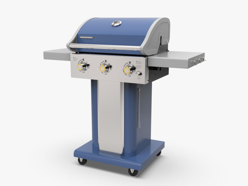 Permasteel three 3 burner grill propane pedestal azure blue with wheels and folding sides