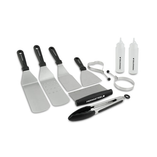 Permasteel 10-Piece Griddle Accessories Kit (PA-12003-AM) - Black and Stainless Steel, Includes Spatulas, Tongs, Turner, Scraper, Egg Rings, and Squeeze Bottles