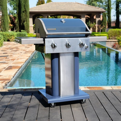 Permasteel 3-Burner Gas Grill in Azure (PG-A40301-AZ) - Pedestal Style with Foldable Sides, Cast Iron Cooking Grates, and 30,000 BTU Output