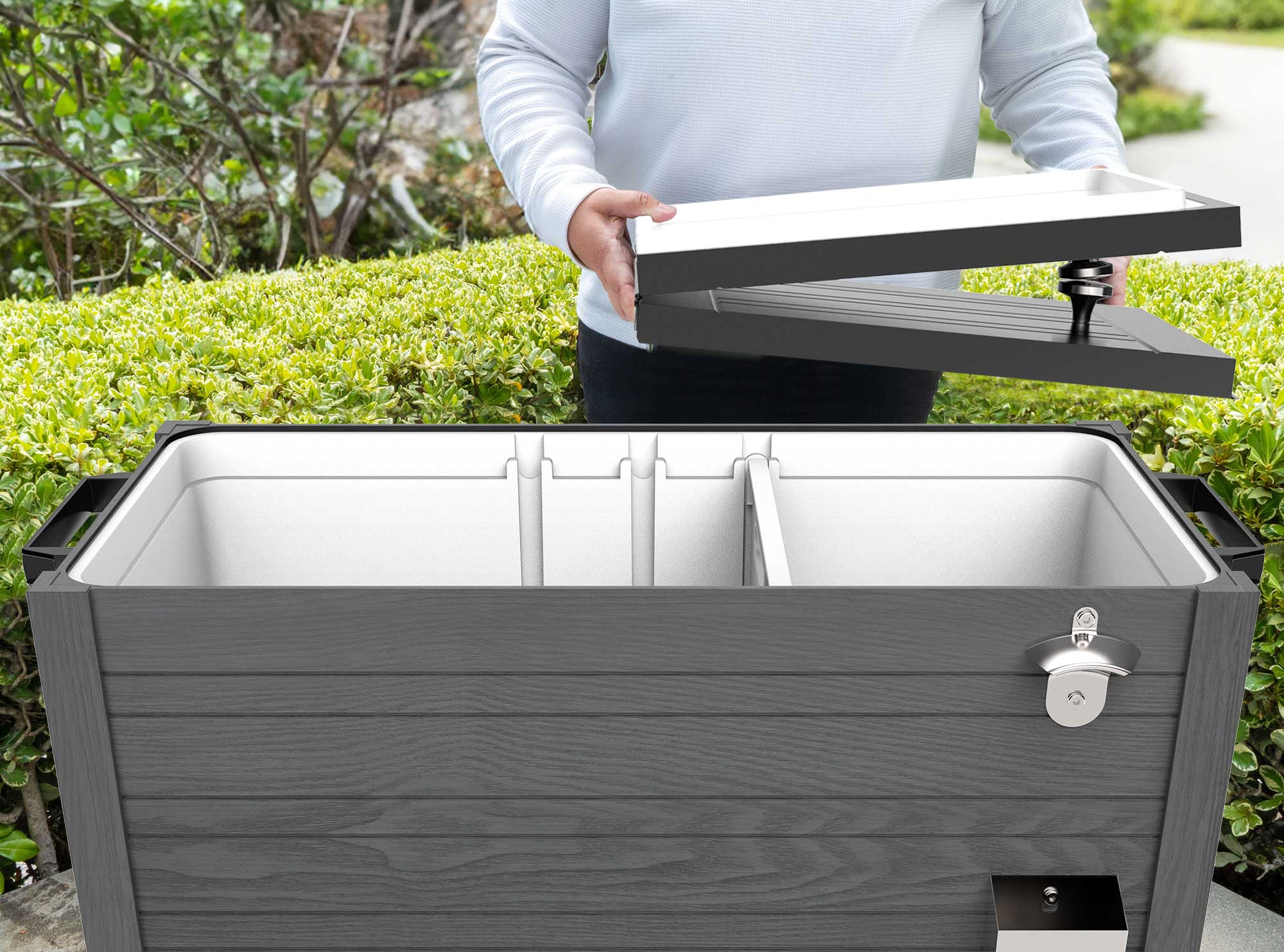 PS 205D Woodgrain Gray Permasteel 80 qt rolling cooler with dividers