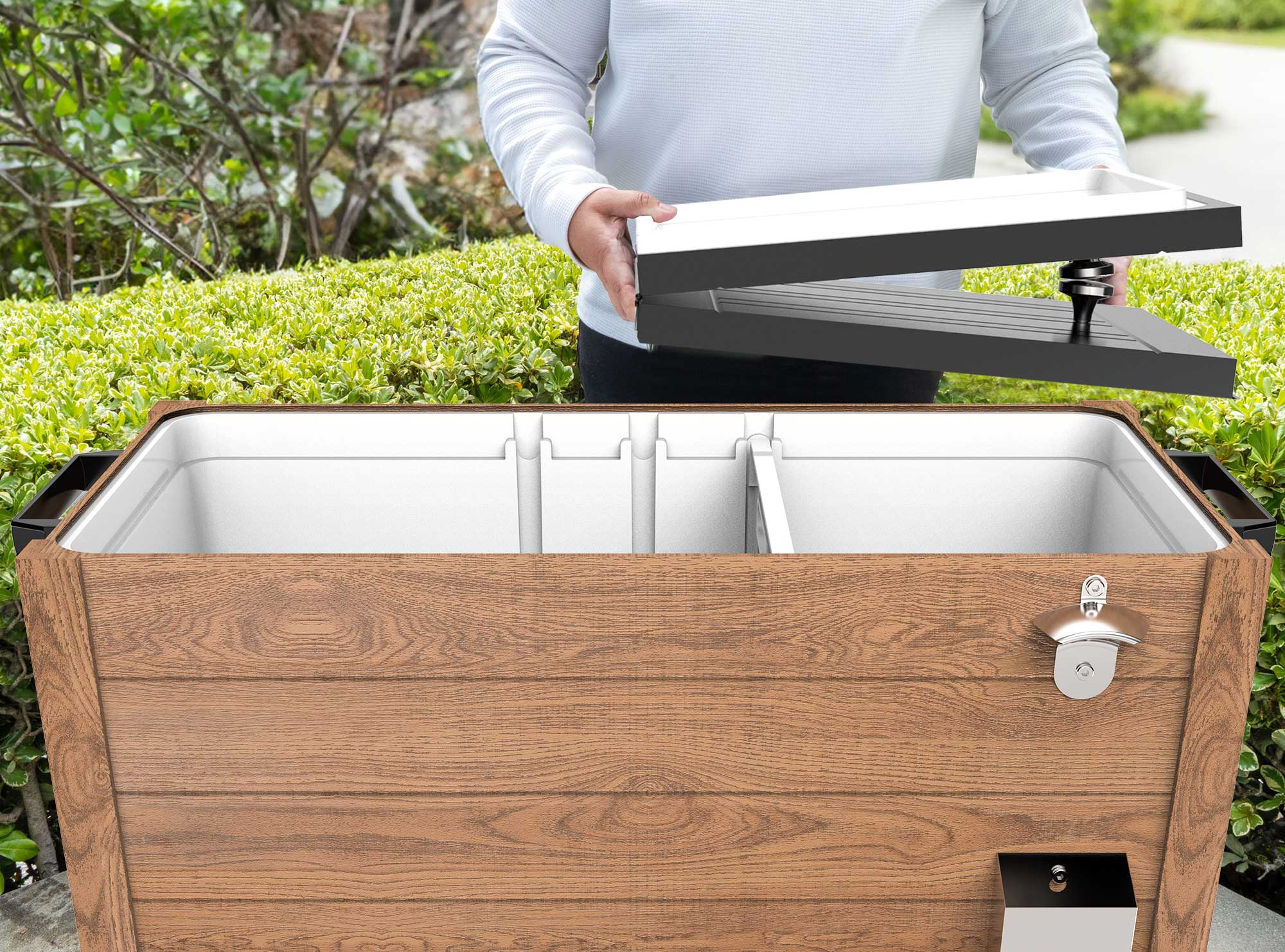 PS 225D Woodgrain with Wicker Shelf Brown Permasteel 80 qt rolling cooler with dividers