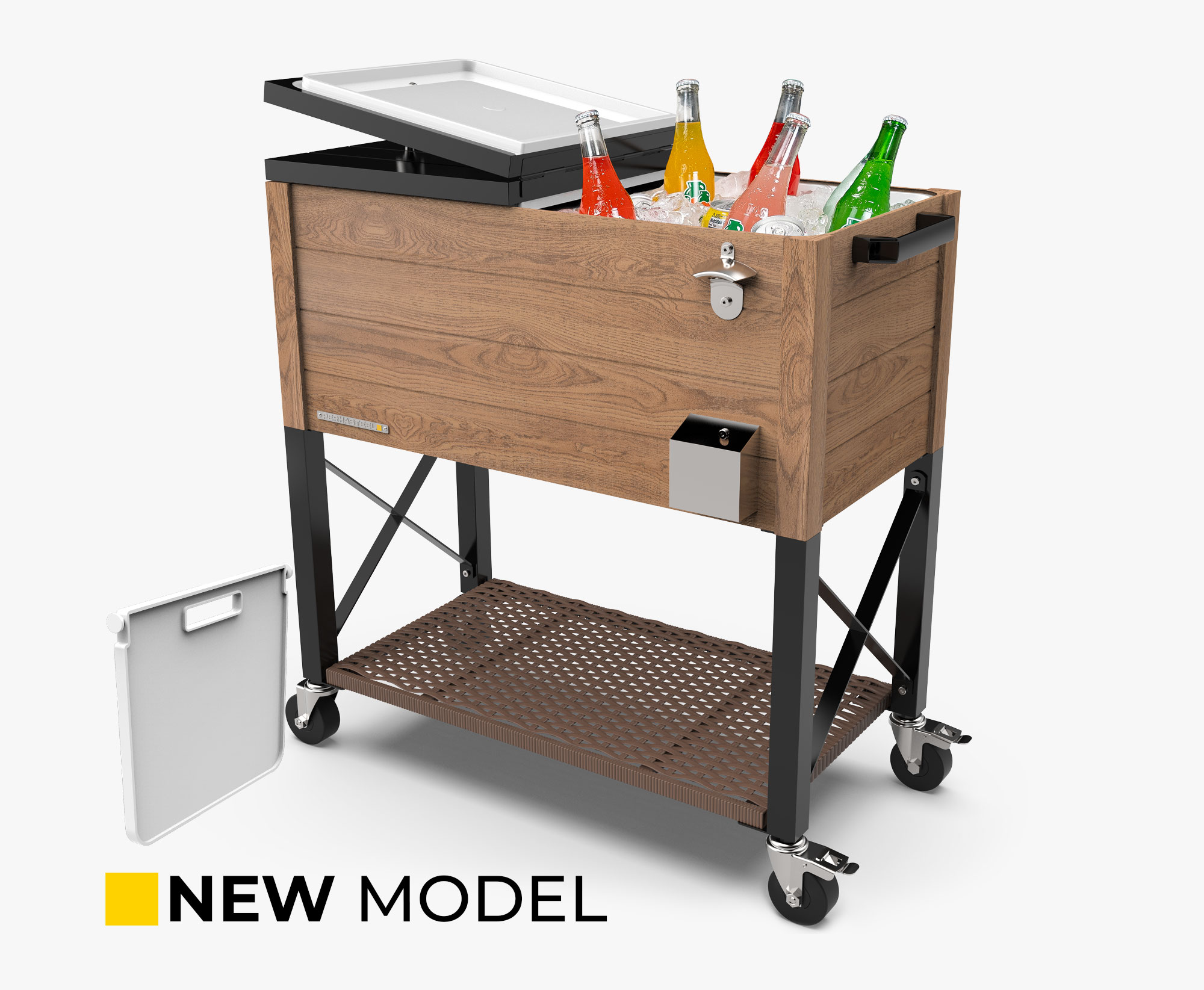 Permasteel 80-Quart Oak Wood Style Patio Cooler with Wicker Bottom Shelf and Divider 1 PS 225D Woodgrain with Wicker Shelf Brown Permasteel 80 qt rolling cooler with dividers