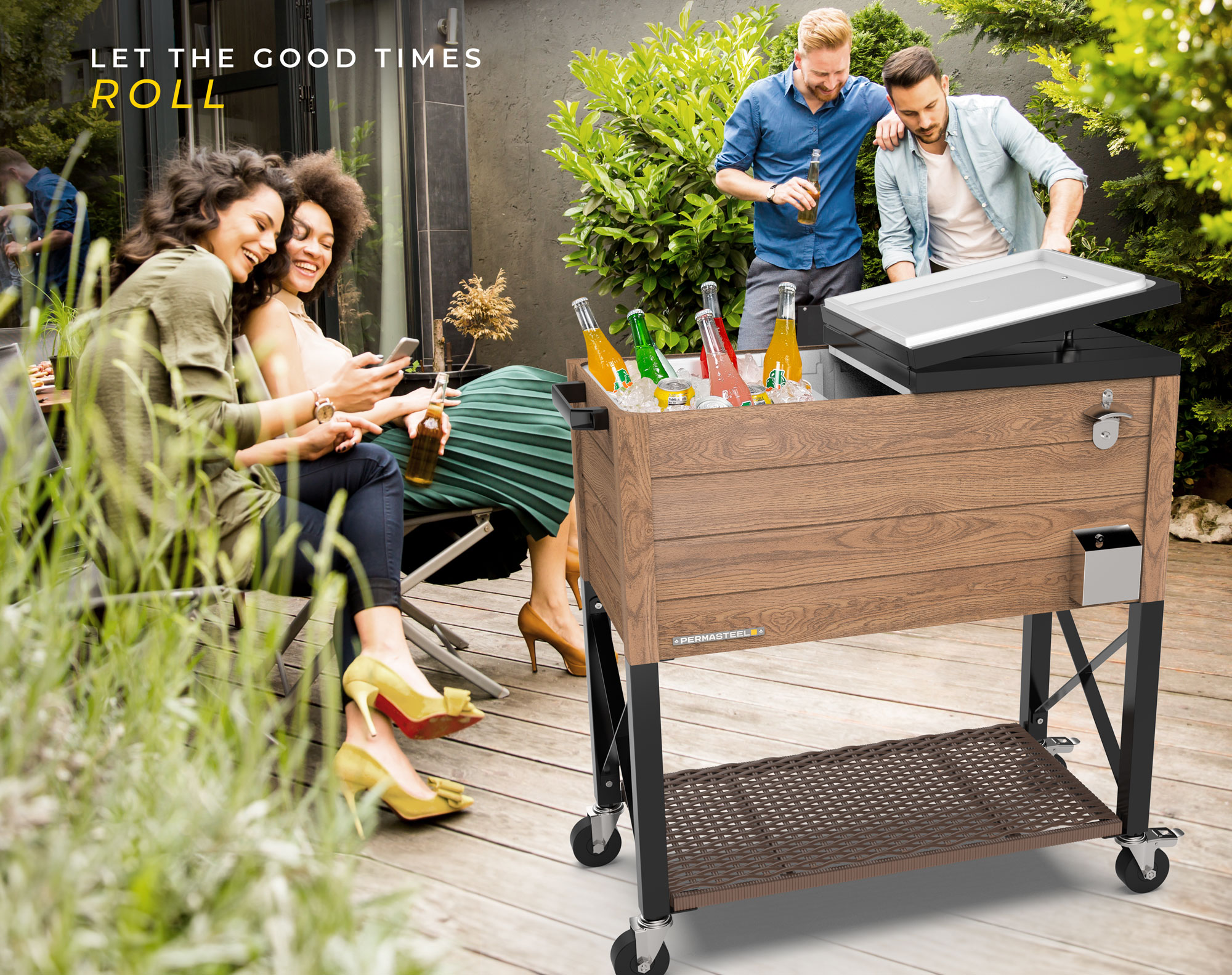 PS 225D Woodgrain with Wicker Shelf Brown Permasteel 80 qt rolling cooler with dividers