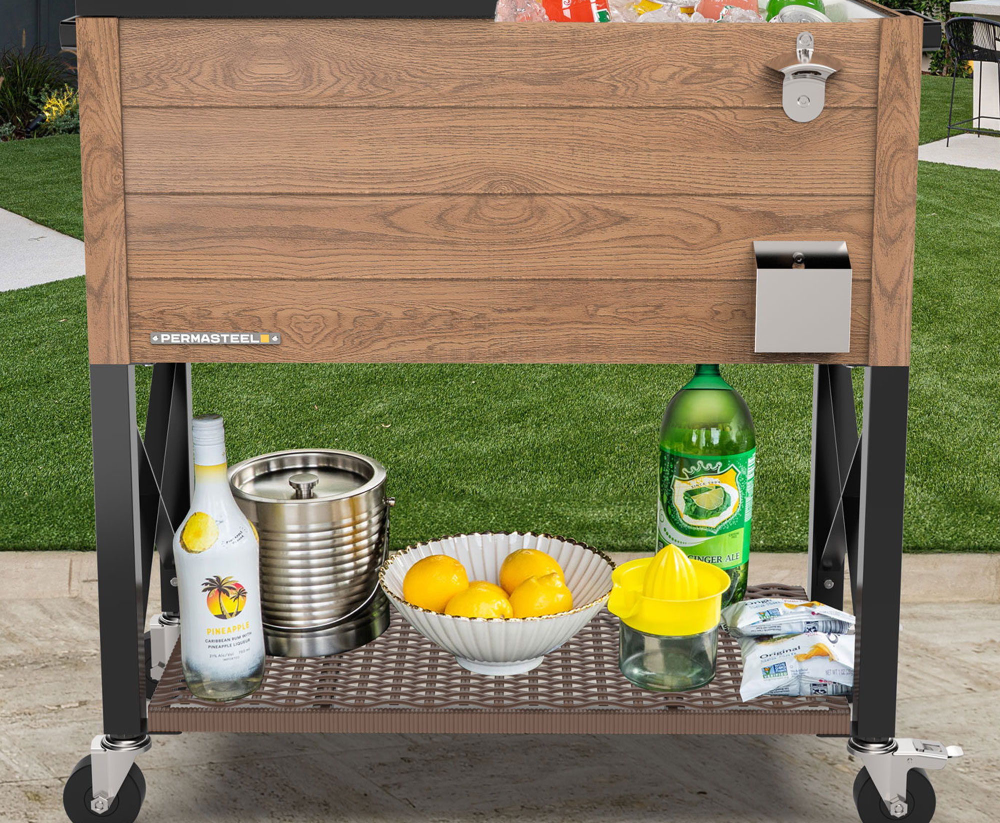 PS 225D Woodgrain with Wicker Shelf Brown Permasteel 80 qt rolling cooler with dividers