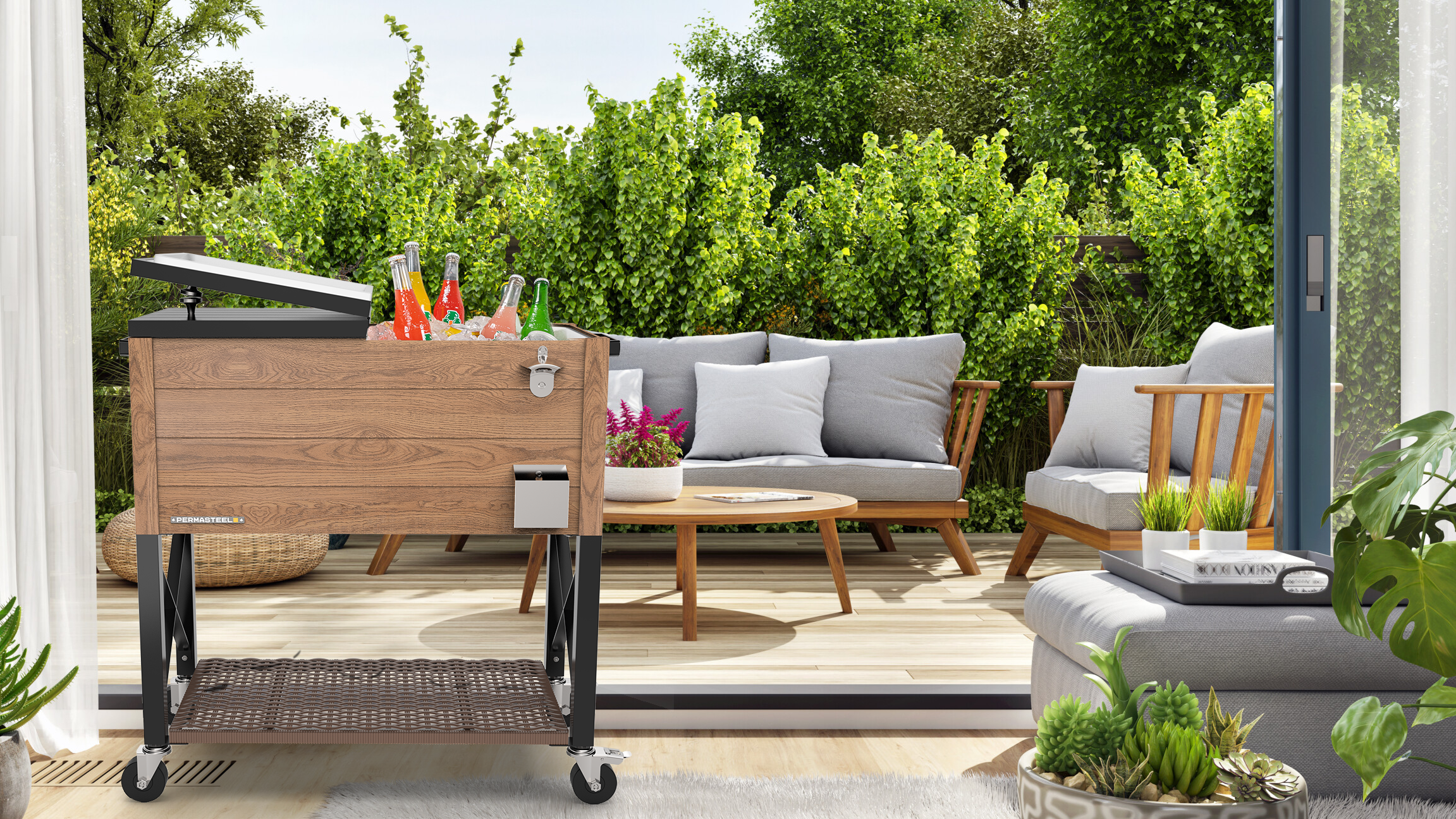 PS 225D Woodgrain with Wicker Shelf Brown Permasteel 80 qt rolling cooler with dividers